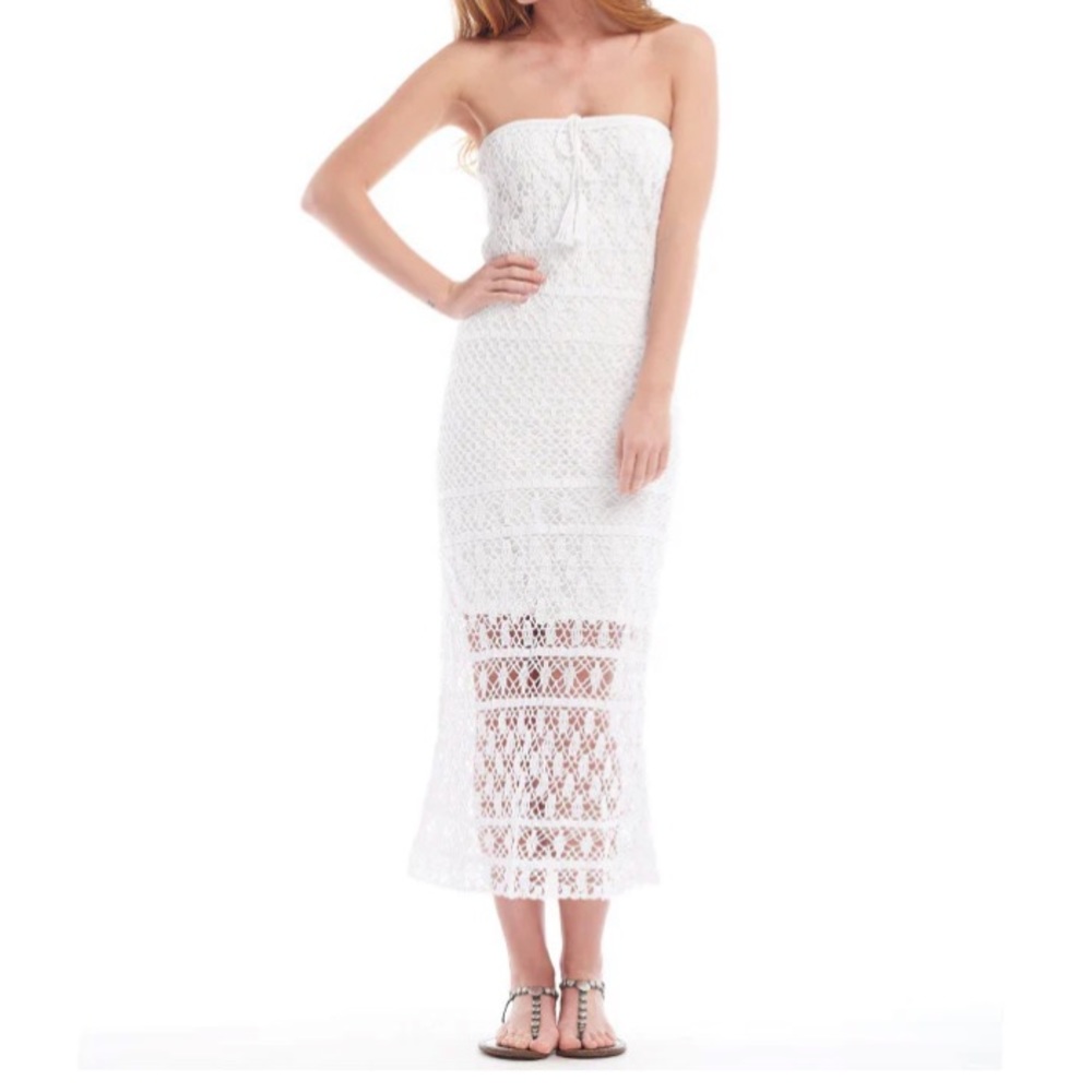 White Crochet Knit Tube Strapless Sleeveless Eyelet Maxi Summer Dress